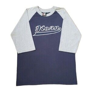 Vintage 90s Korn Embroidered Script Logo Sz Large Mens Raglan Shirt Giant Blue